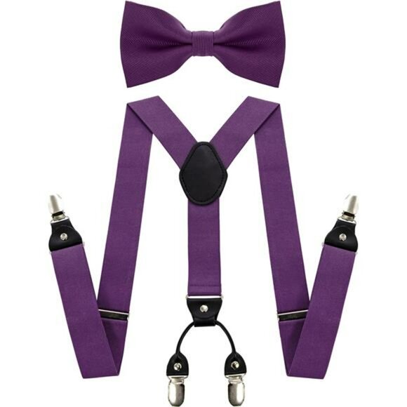 Mens Solid Color Suspenders Adjustable Y Back with Matching Silk Bow Tie Set - Picture 1 of 6